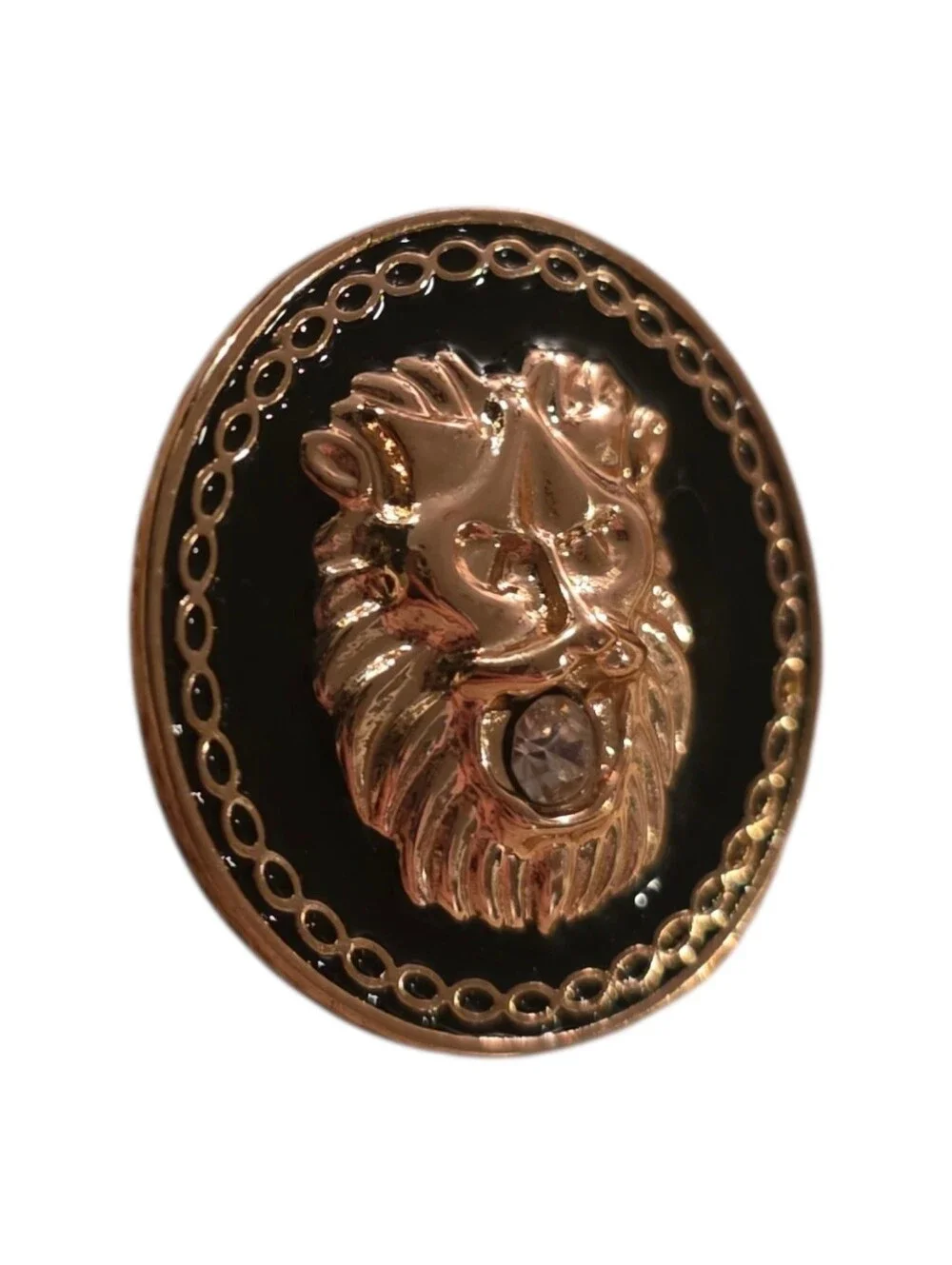Aldo Gold Tone Lion Head Brooch Pin Black Enamel Rhinestone Statement NWOT